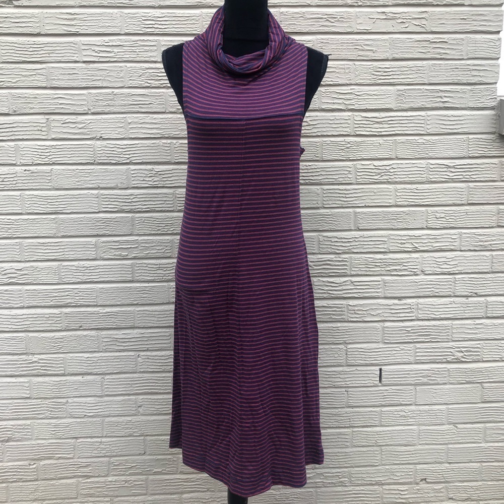 Horny Toad Cowl Neck Dark Red & Navy Blue Striped Sleeveless Dress Size M